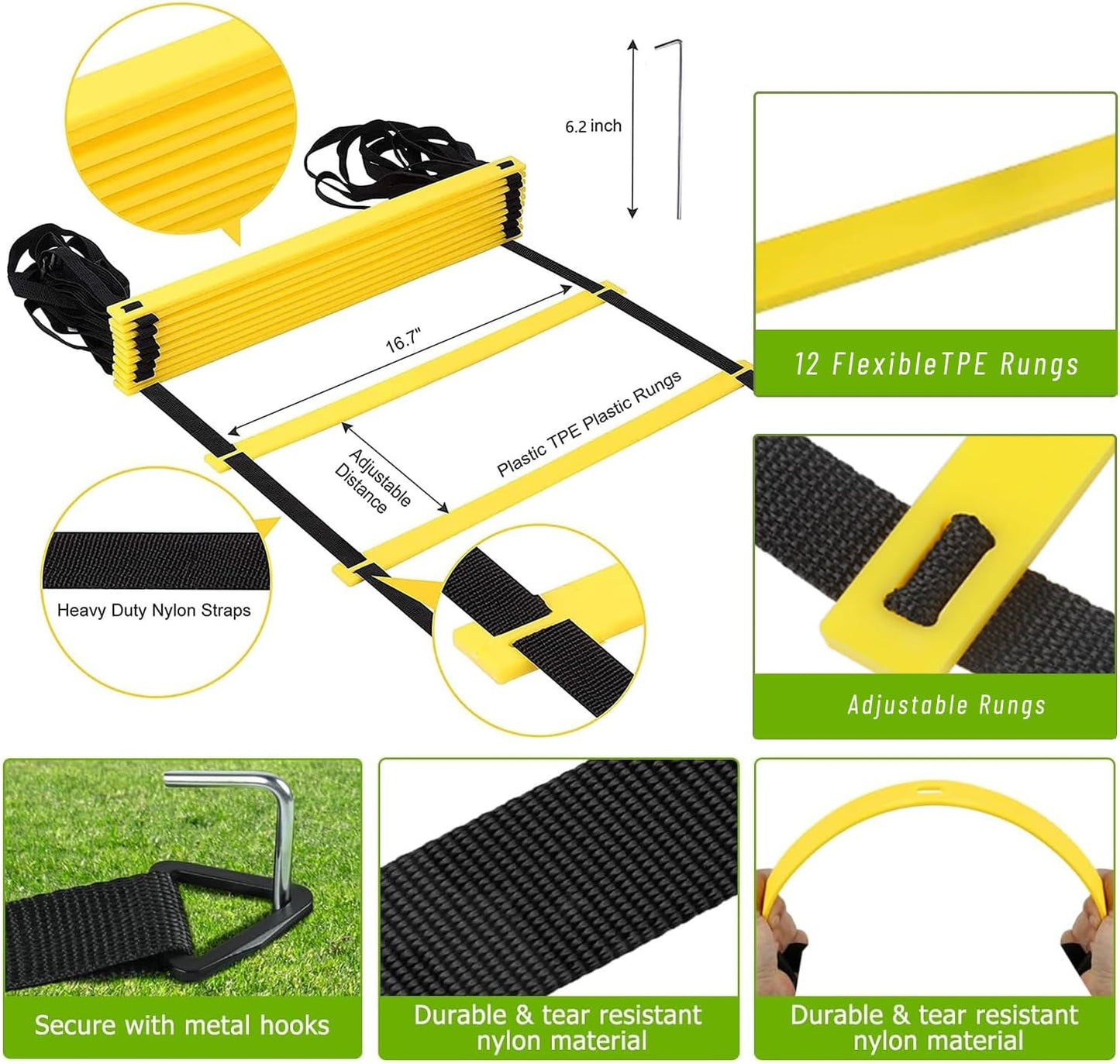 Agility Ladder Soccer Training Equipment Kit, 20Ft Speed Ladder | Football Gifts for Boys 8-12 with 12 Soccer Cones, Solo Trainer, Jump Rope, Suitable for Home Gym and Playground