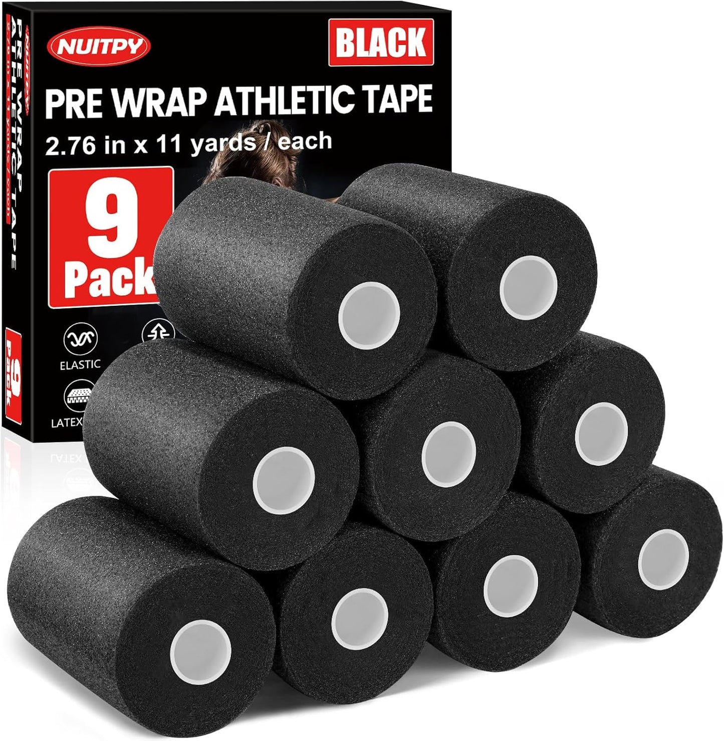 9 Pack Pre Wrap Athletic Tape, 2.76 Inch X 11 Yards Prewrap Tape for Hair Soccer, Pre Wrap Foam Underwrap Tape, Soccer Pre Wrap Tape, Prewrap Tape for Hair, Wrists, Hands, Ankles, Knees - Black