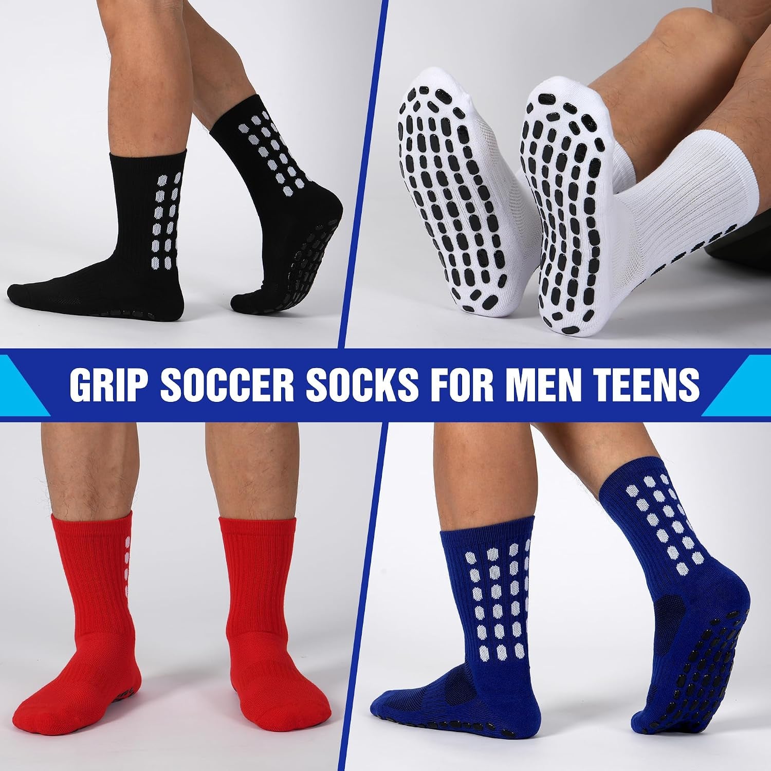 4 Pairs Men'S Soccer Socks with Grip Pads Non-Slip Football Basketball Sports Grip Soccer Socks for Men Women