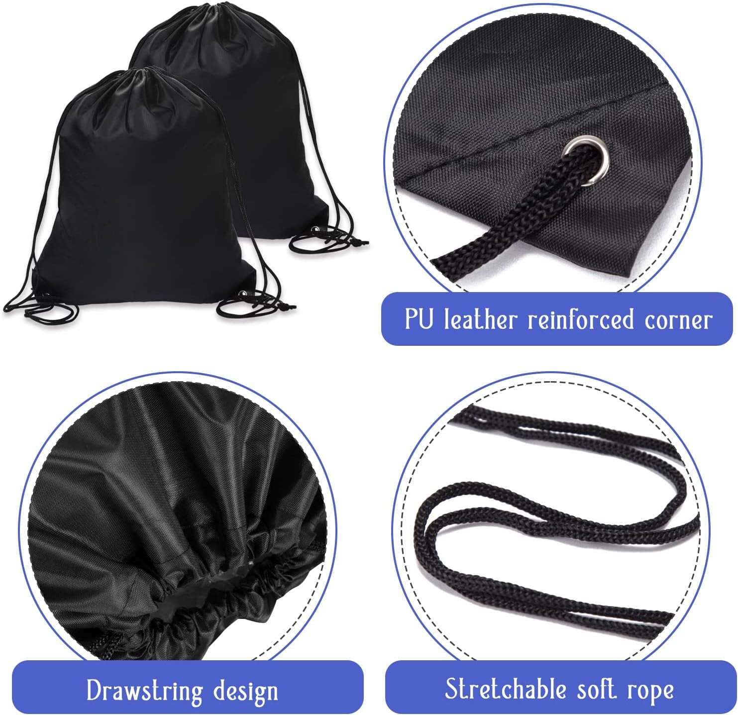 2 Pcs Black Drawstring Backpack Bags Sports Cinch Sack String Bags Drawstring Gym Bag Draw String Backpack Bulk Swimming String Bags