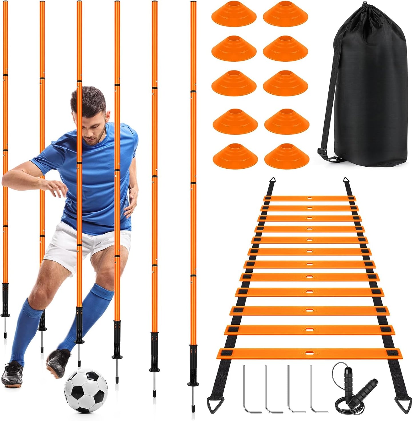 Soccer Agility Training Equipment: 6 Soccer Agility Poles, 20Ft Agility Ladder, 10 Soccer Cones, 1 Jump Rope. Soccer Training Poles for Speed Training, Agility Training