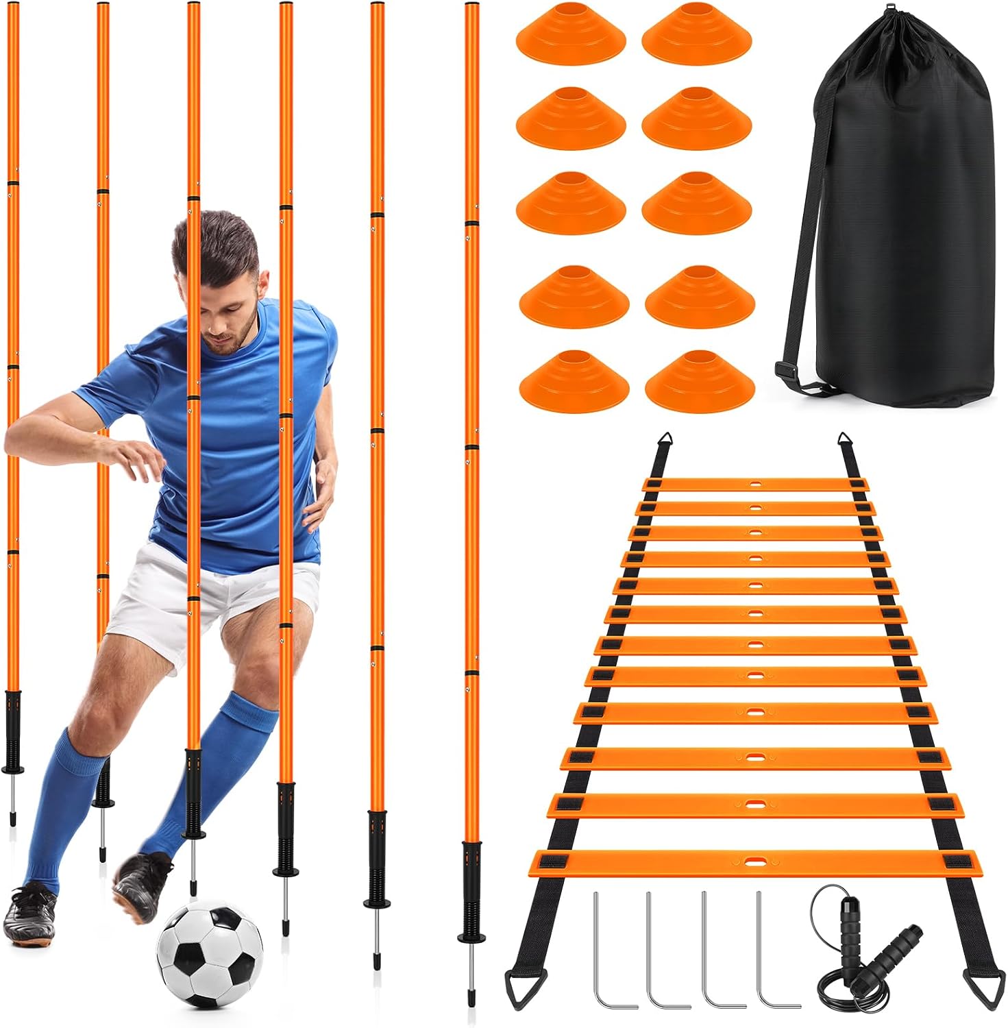 Soccer Agility Training Equipment: 6 Soccer Agility Poles, 20Ft Agility Ladder, 10 Soccer Cones, 1 Jump Rope. Soccer Training Poles for Speed Training, Agility Training
