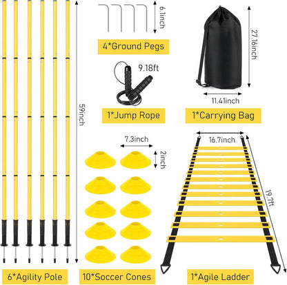 Soccer Agility Training Equipment: 6 Soccer Agility Poles, 20Ft Agility Ladder, 10 Soccer Cones, 1 Jump Rope. Soccer Training Poles for Speed Training, Agility Training