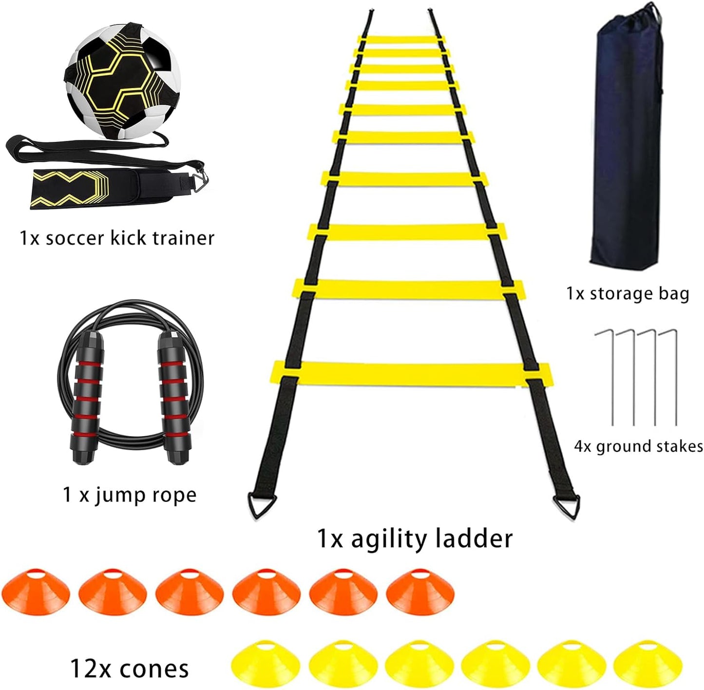 Agility Ladder Soccer Training Equipment Kit, 20Ft Speed Ladder | Football Gifts for Boys 8-12 with 12 Soccer Cones, Solo Trainer, Jump Rope, Suitable for Home Gym and Playground