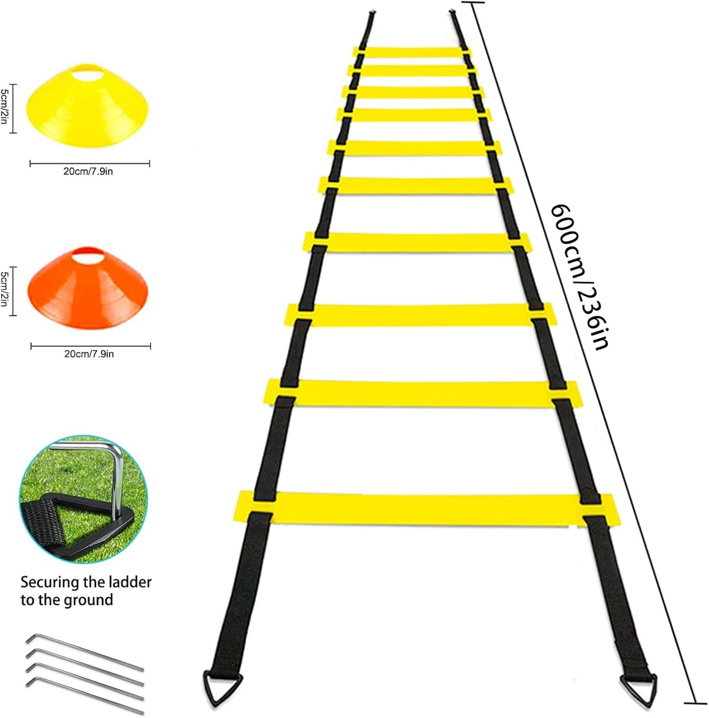 Agility Ladder Soccer Training Equipment Kit, 20Ft Speed Ladder | Football Gifts for Boys 8-12 with 12 Soccer Cones, Solo Trainer, Jump Rope, Suitable for Home Gym and Playground