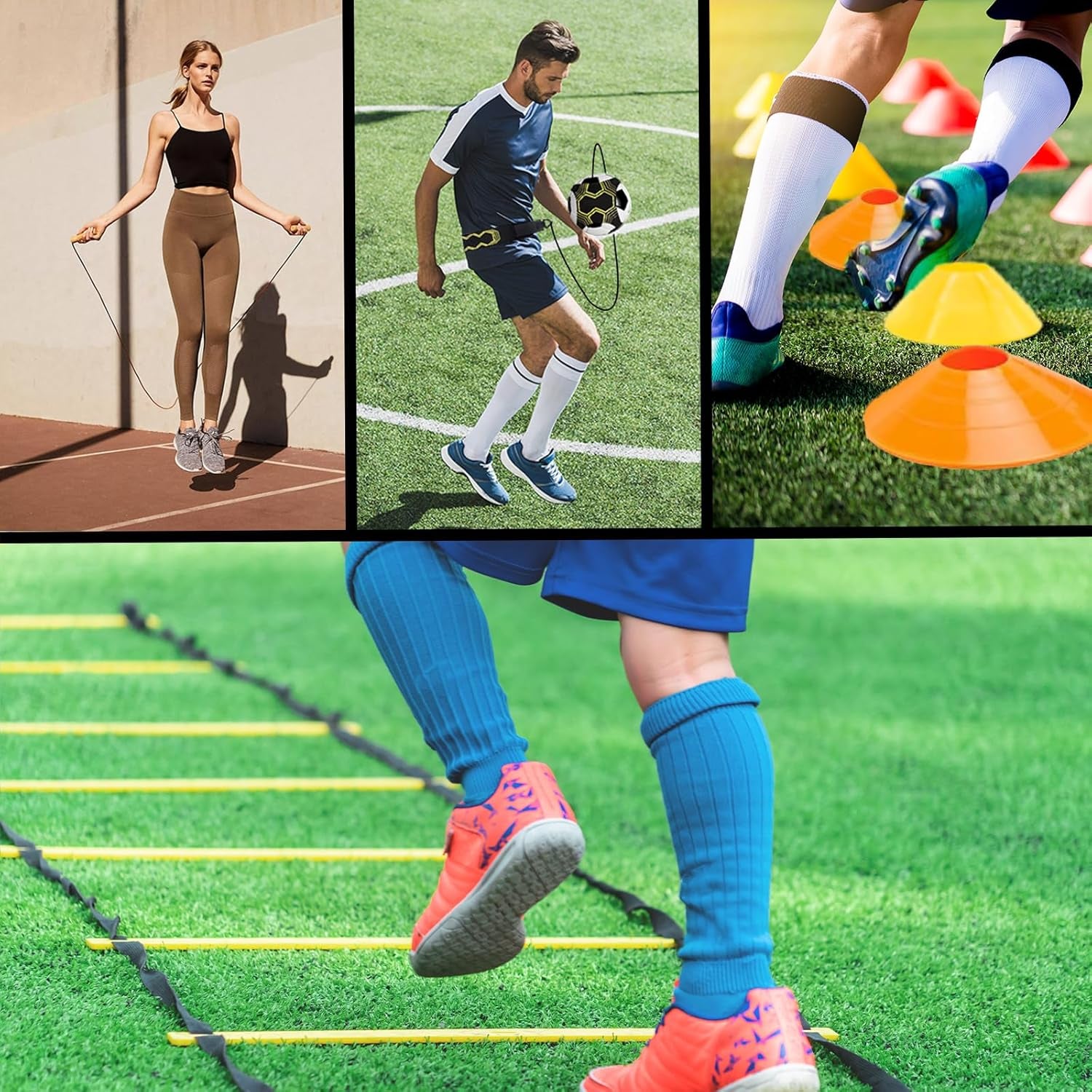 Agility Ladder Soccer Training Equipment Kit, 20Ft Speed Ladder | Football Gifts for Boys 8-12 with 12 Soccer Cones, Solo Trainer, Jump Rope, Suitable for Home Gym and Playground