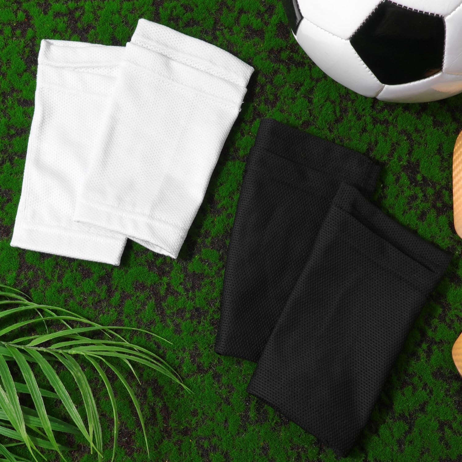2 Pair Shin Pads Socks, Soccer Shin Guard Covers Socks Breathable Football Pads Holders Soccer Sock Sleeves Soft Calf Sleeves for Kids Adults Beginners (Black & White)