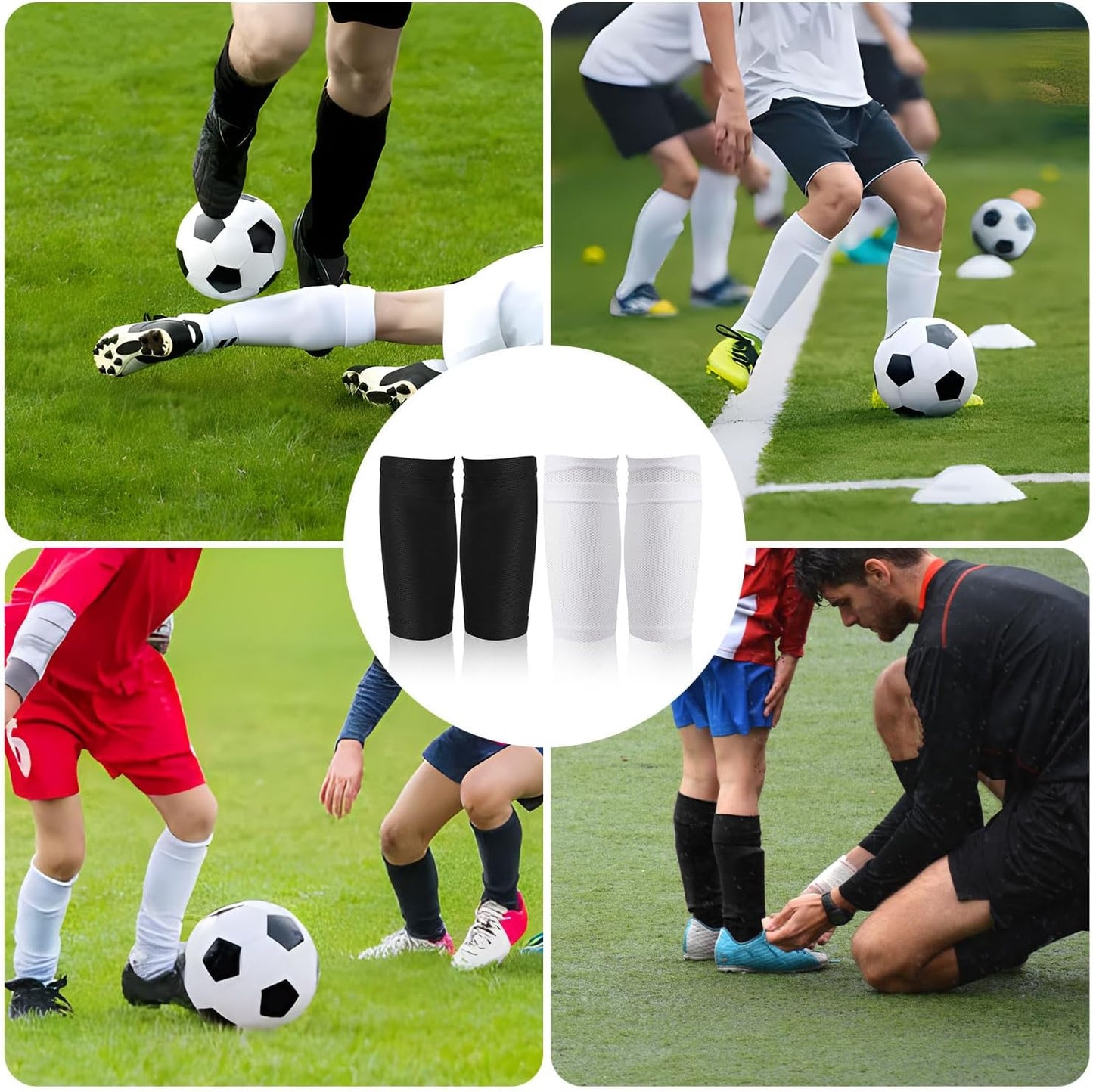 2 Pair Shin Pads Socks, Soccer Shin Guard Covers Socks Breathable Football Pads Holders Soccer Sock Sleeves Soft Calf Sleeves for Kids Adults Beginners (Black & White)