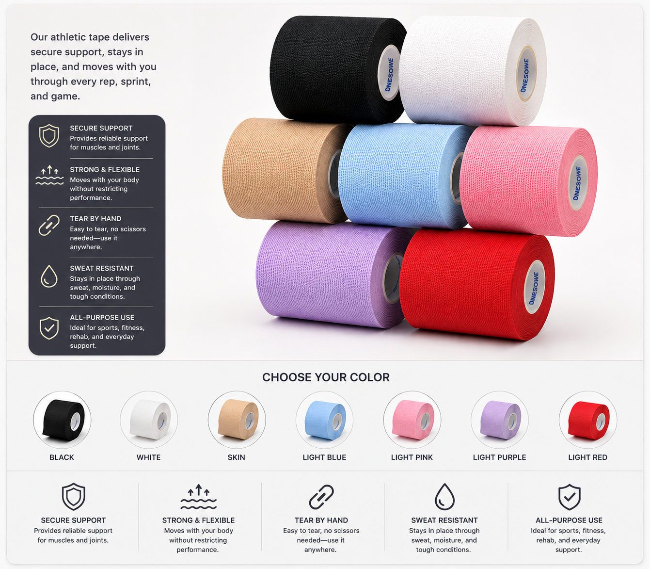 Onesowe Pro Athletic Tape — Strong Hold, No Sticky Residue, 5-Pack