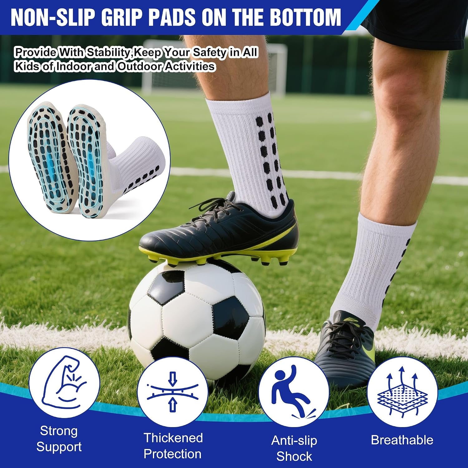 4 Pairs Men'S Soccer Socks with Grip Pads Non-Slip Football Basketball Sports Grip Soccer Socks for Men Women