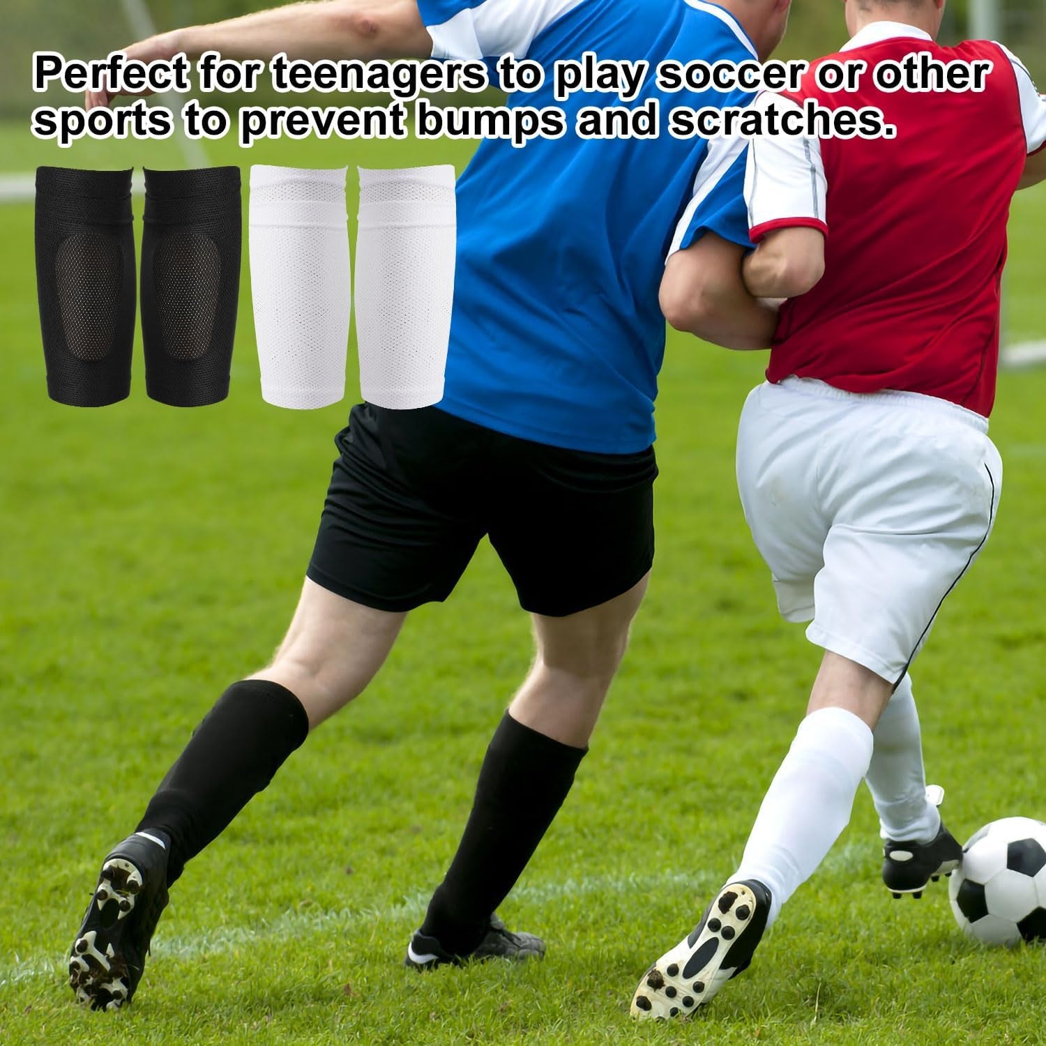 2 Pair Shin Pads Socks, Soccer Shin Guard Covers Socks Breathable Football Pads Holders Soccer Sock Sleeves Soft Calf Sleeves for Kids Adults Beginners (Black & White)