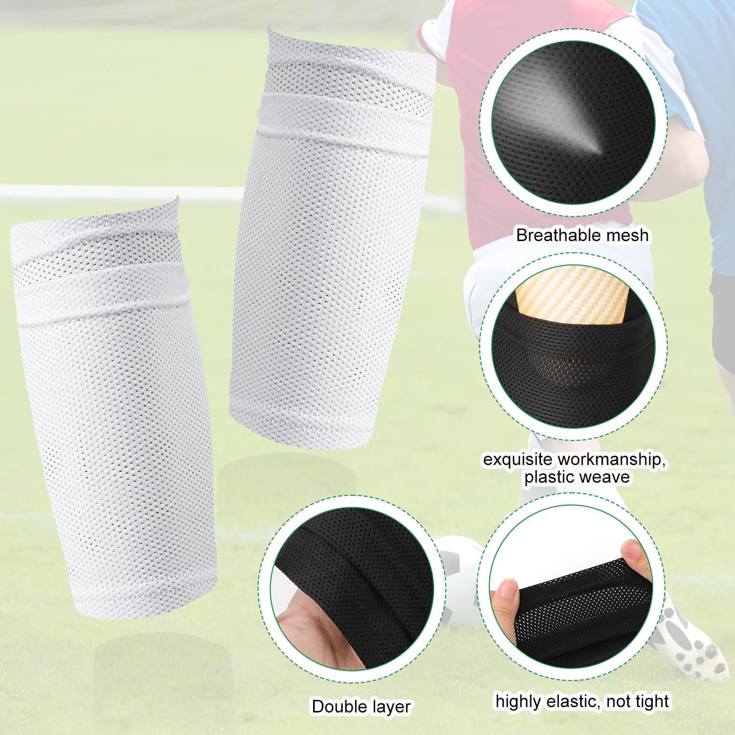 2 Pair Shin Pads Socks, Soccer Shin Guard Covers Socks Breathable Football Pads Holders Soccer Sock Sleeves Soft Calf Sleeves for Kids Adults Beginners (Black & White)