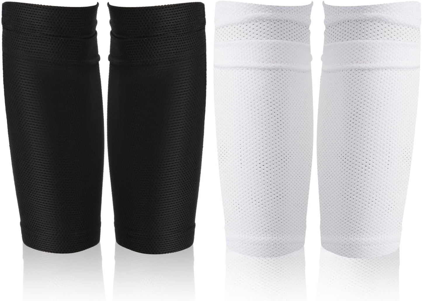 2 Pair Shin Pads Socks, Soccer Shin Guard Covers Socks Breathable Football Pads Holders Soccer Sock Sleeves Soft Calf Sleeves for Kids Adults Beginners (Black & White)