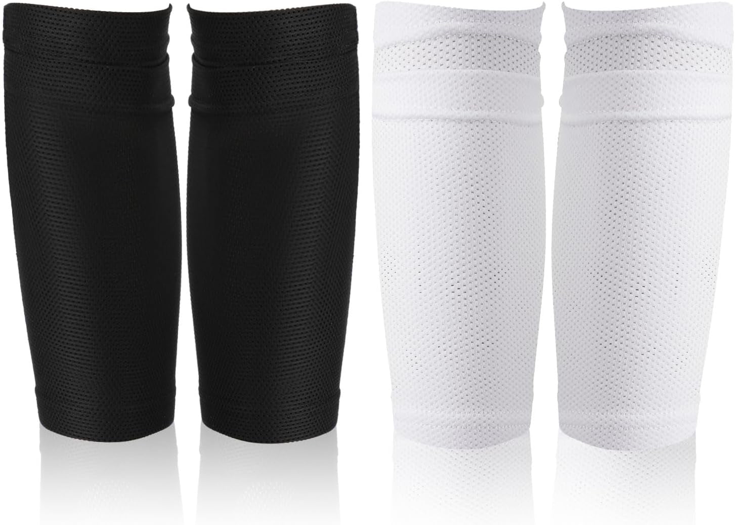 2 Pair Shin Pads Socks, Soccer Shin Guard Covers Socks Breathable Football Pads Holders Soccer Sock Sleeves Soft Calf Sleeves for Kids Adults Beginners (Black & White)