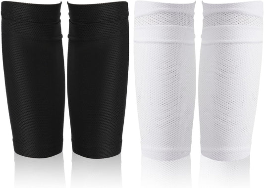 2 Pair Shin Pads Socks, Soccer Shin Guard Covers Socks Breathable Football Pads Holders Soccer Sock Sleeves Soft Calf Sleeves for Kids Adults Beginners (Black & White)