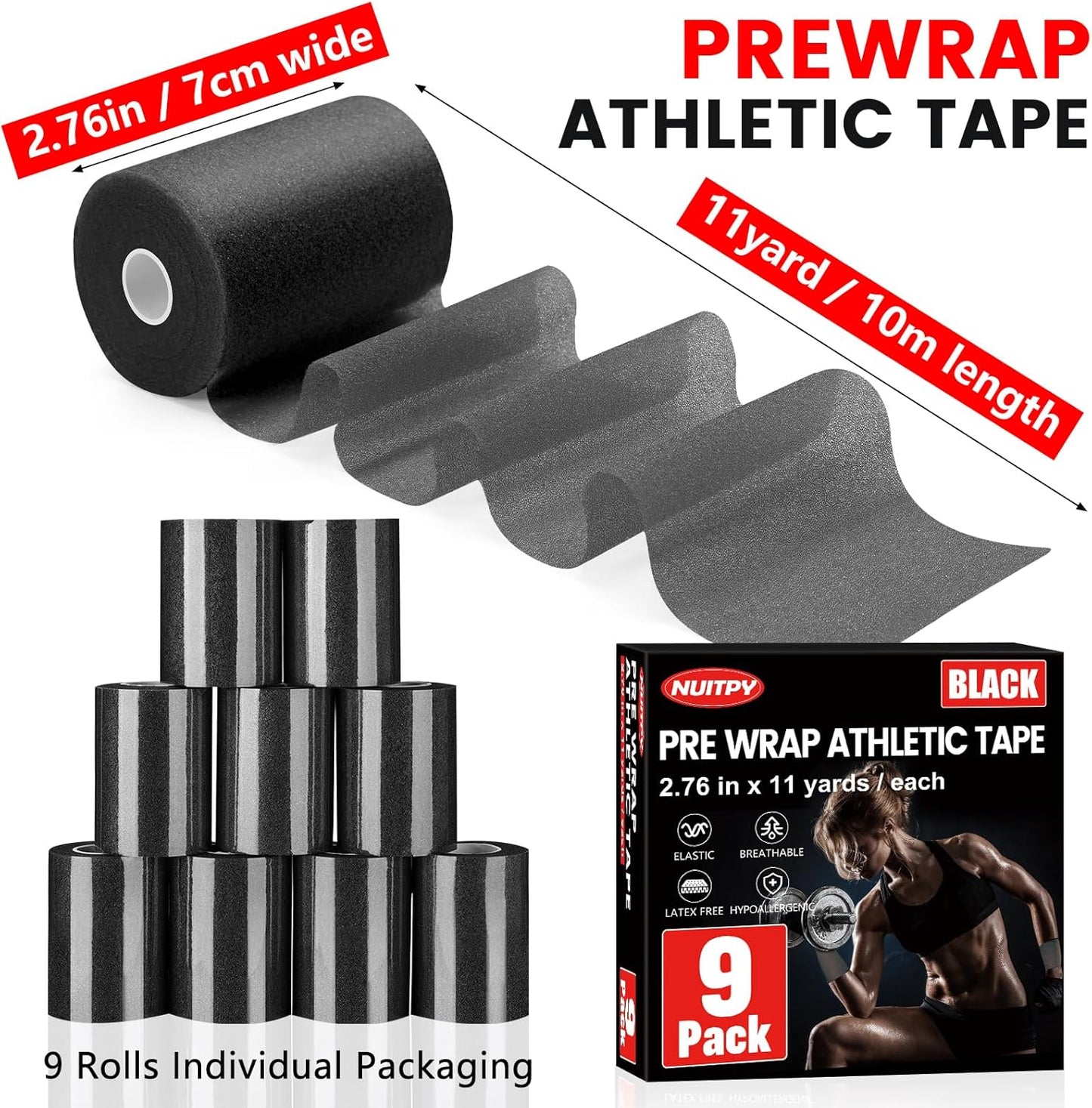 9 Pack Pre Wrap Athletic Tape, 2.76 Inch X 11 Yards Prewrap Tape for Hair Soccer, Pre Wrap Foam Underwrap Tape, Soccer Pre Wrap Tape, Prewrap Tape for Hair, Wrists, Hands, Ankles, Knees - Black
